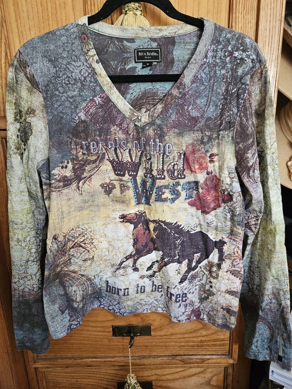 Bit & Bridle Wild West Long Sleeve Sequined Multi-colored Cotton Tee Medium
